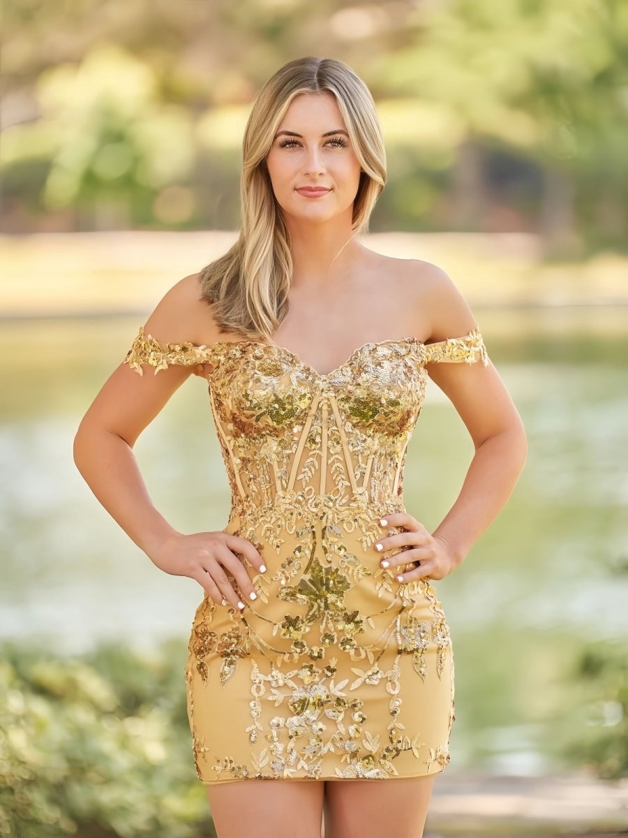 Erykah | Short Off the Shoulder Sheath Gold Kace Corset Homecoming Dresses - KissProm