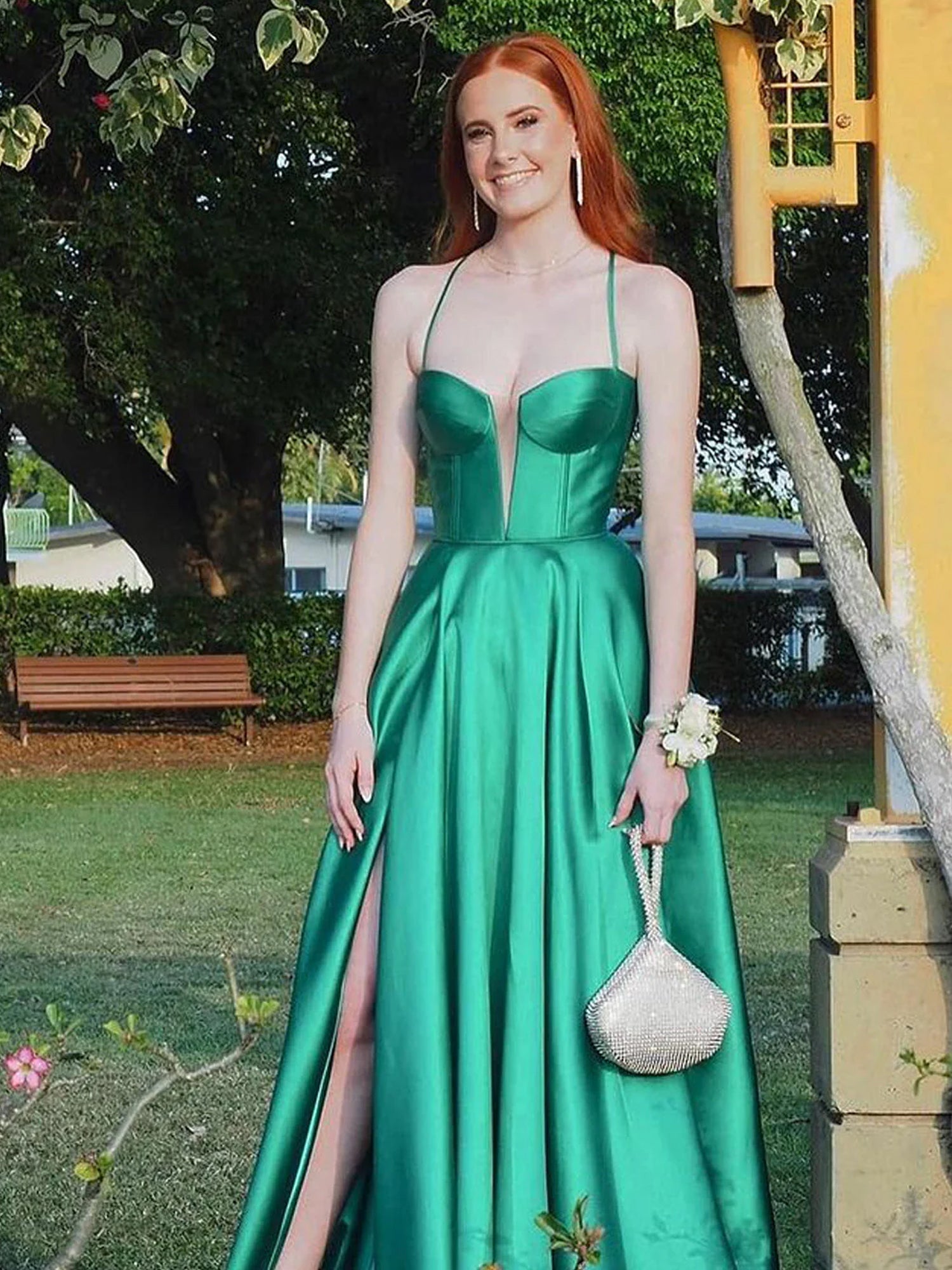A Line Sweetheart Green Satin Long Prom Dresses with Slit