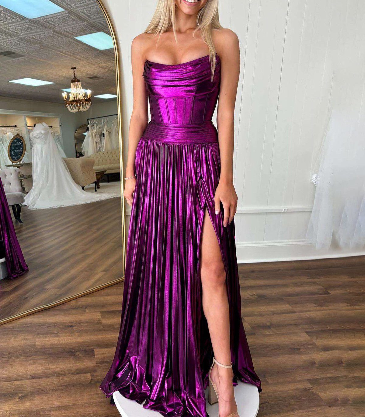 A Line Strapless Purple Pleated Metallic Long Prom Dress with Slit