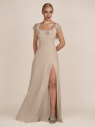 KissDress-Evania Almond Sheath Chiffon Square Neck Ruffles Long Bridesmaid Dress with Slit