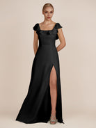 KissDress-Evania Black Sheath Chiffon Square Neck Ruffles Long Bridesmaid Dress with Slit