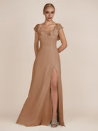 KissDress-Evania Bronzer Sheath Chiffon Square Neck Ruffles Long Bridesmaid Dress with Slit