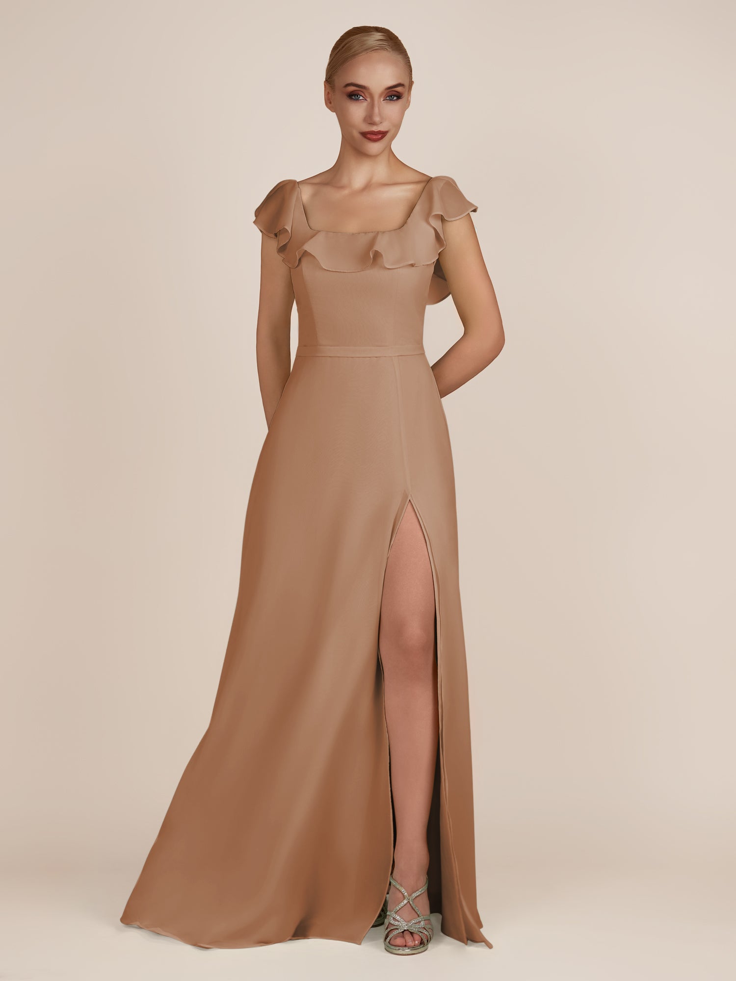 KissDress-Evania Bronzer Sheath Chiffon Square Neck Ruffles Long Bridesmaid Dress with Slit