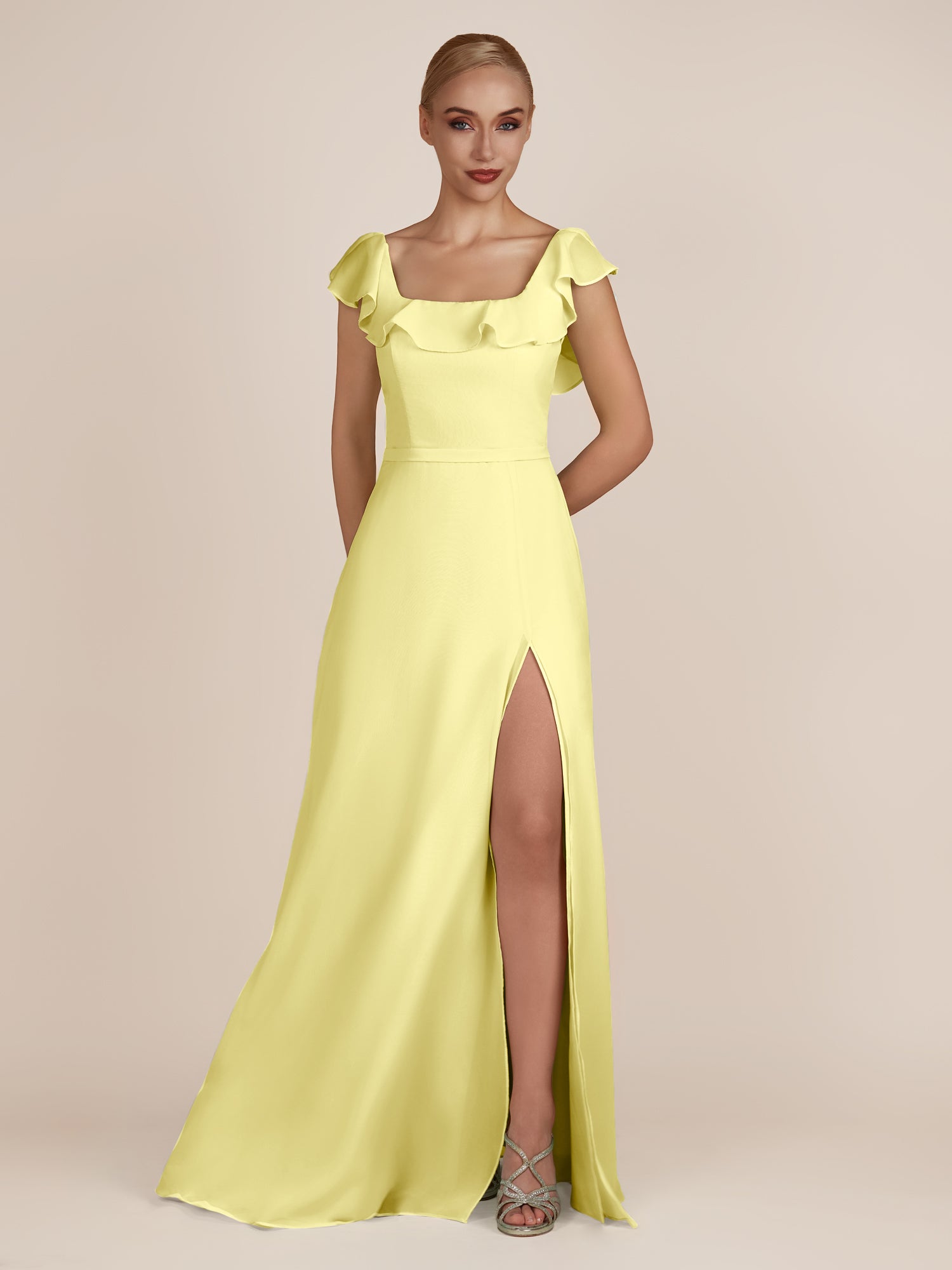 KissDress-Evania Buttercup Sheath Chiffon Square Neck Ruffles Long Bridesmaid Dress with Slit