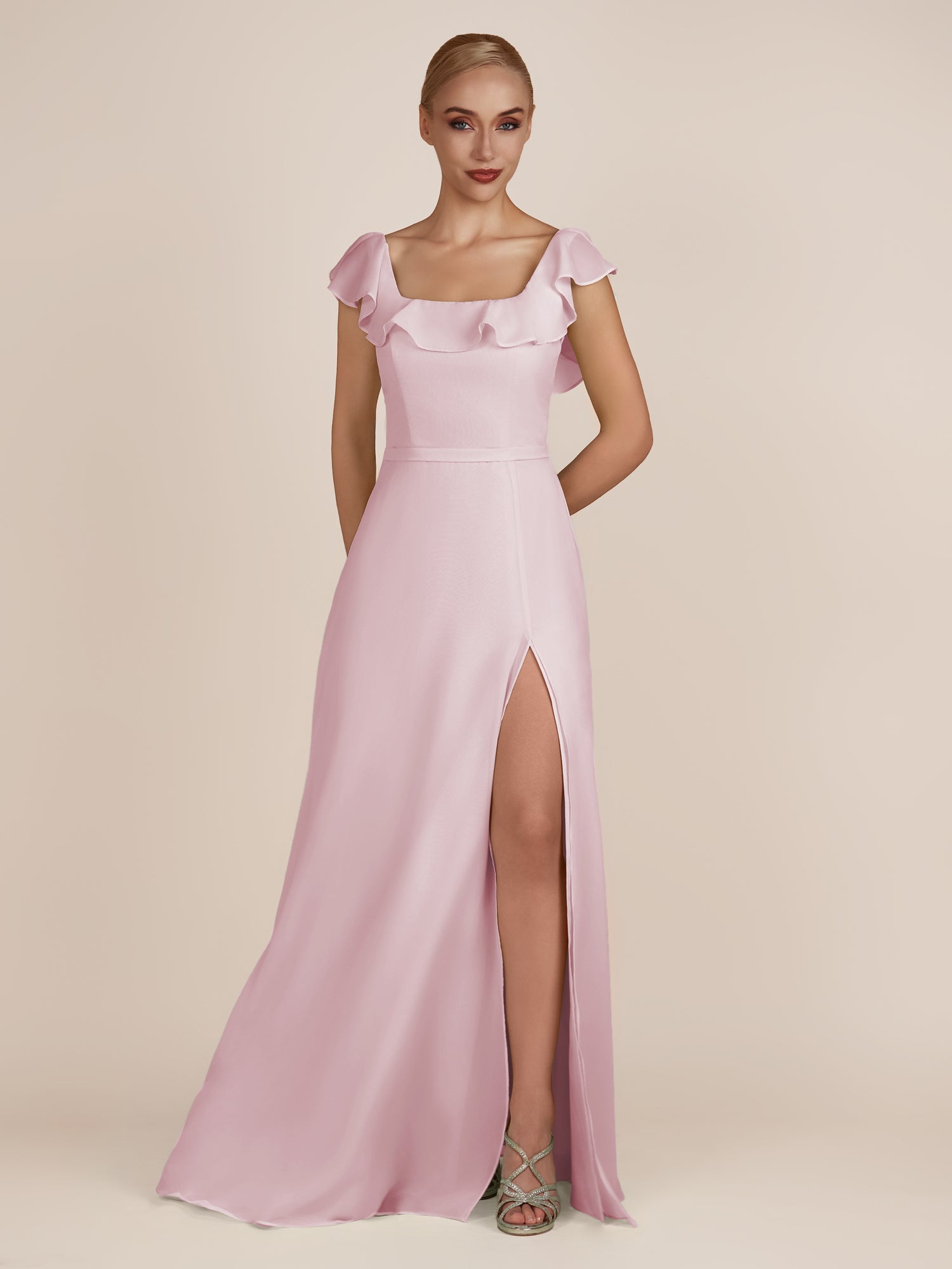 KissDress-Evania Candy Pink Sheath Chiffon Square Neck Ruffles Long Bridesmaid Dress with Slit