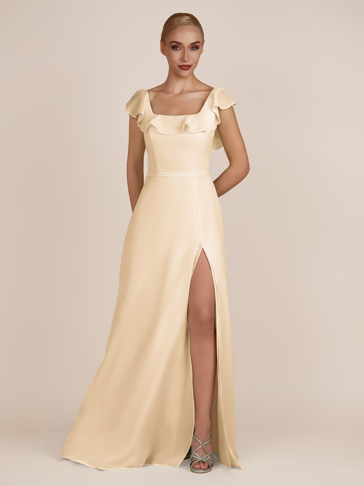 KissDress-Evania Champagne Sheath Chiffon Square Neck Ruffles Long Bridesmaid Dress with Slit