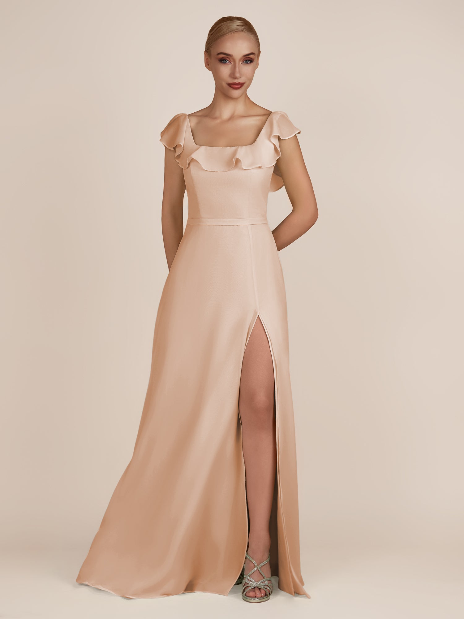 KissDress-Evania Champagne Rose Sheath Chiffon Square Neck Ruffles Long Bridesmaid Dress with Slit