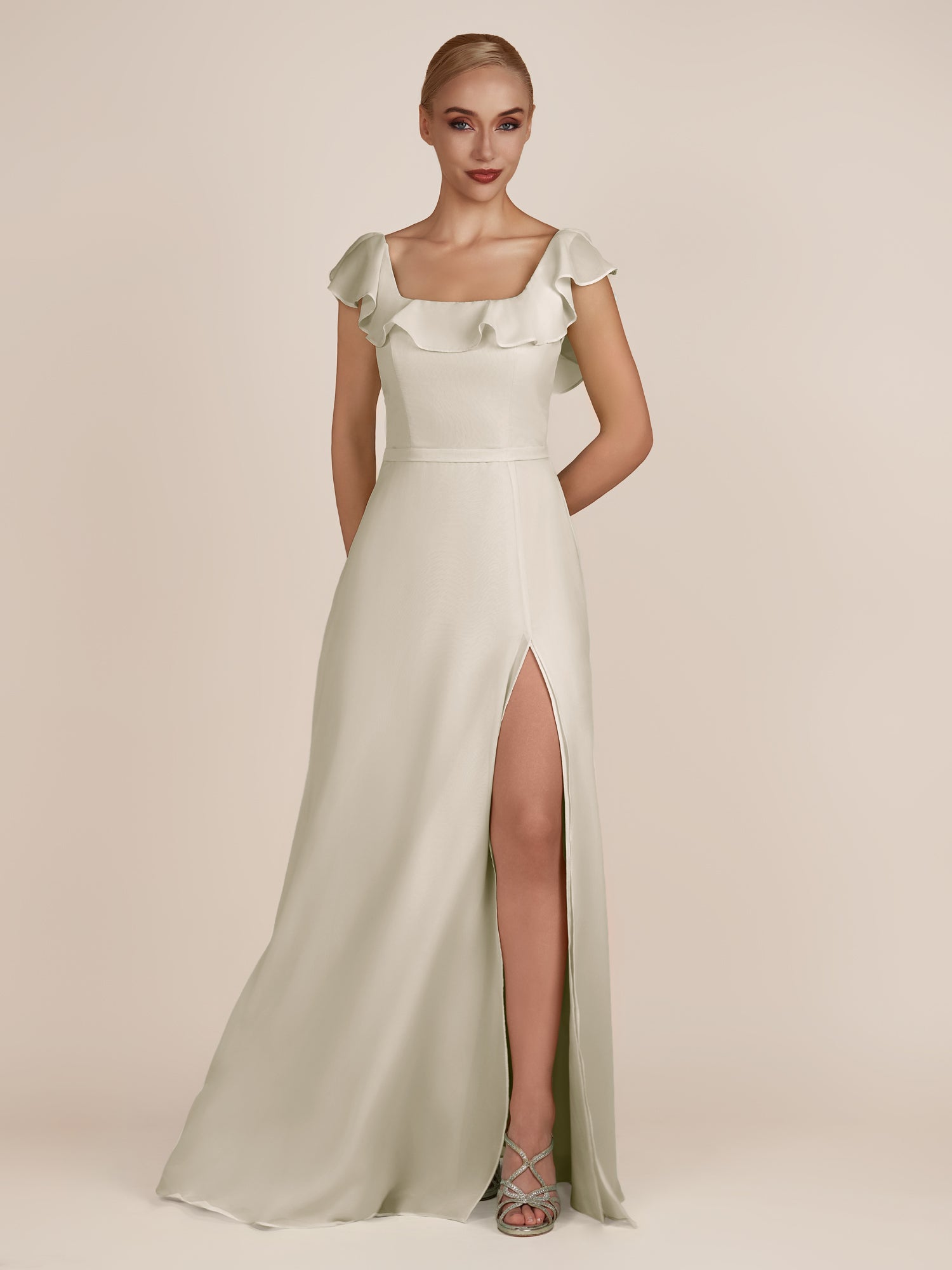 KissDress-Evania Dove Gray Sheath Chiffon Square Neck Ruffles Long Bridesmaid Dress with Slit