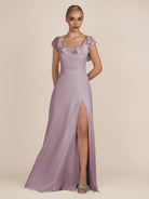 KissDress-Evania Dusk Sheath Chiffon Square Neck Ruffles Long Bridesmaid Dress with Slit
