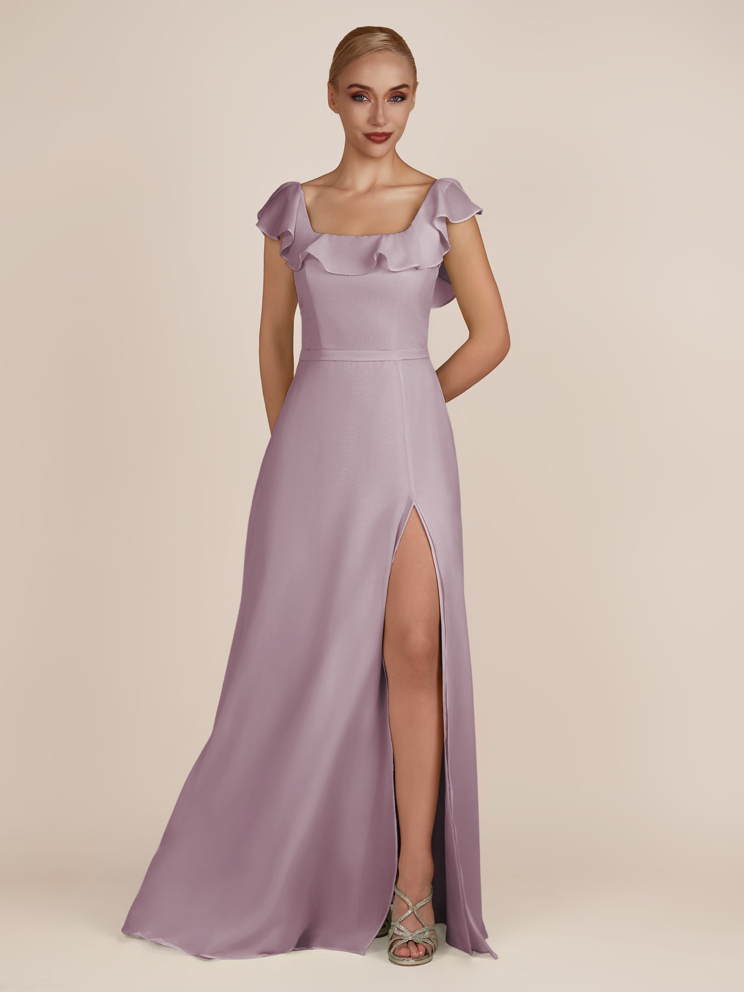 KissDress-Evania Dusk Sheath Chiffon Square Neck Ruffles Long Bridesmaid Dress with Slit