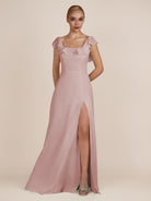KissDress-Evania Dusty Rose Sheath Chiffon Square Neck Ruffles Long Bridesmaid Dress with Slit