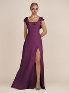 KissDress-Evania Fig Sheath Chiffon Square Neck Ruffles Long Bridesmaid Dress with Slit