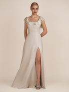 KissDress-Evania Frost Sheath Chiffon Square Neck Ruffles Long Bridesmaid Dress with Slit
