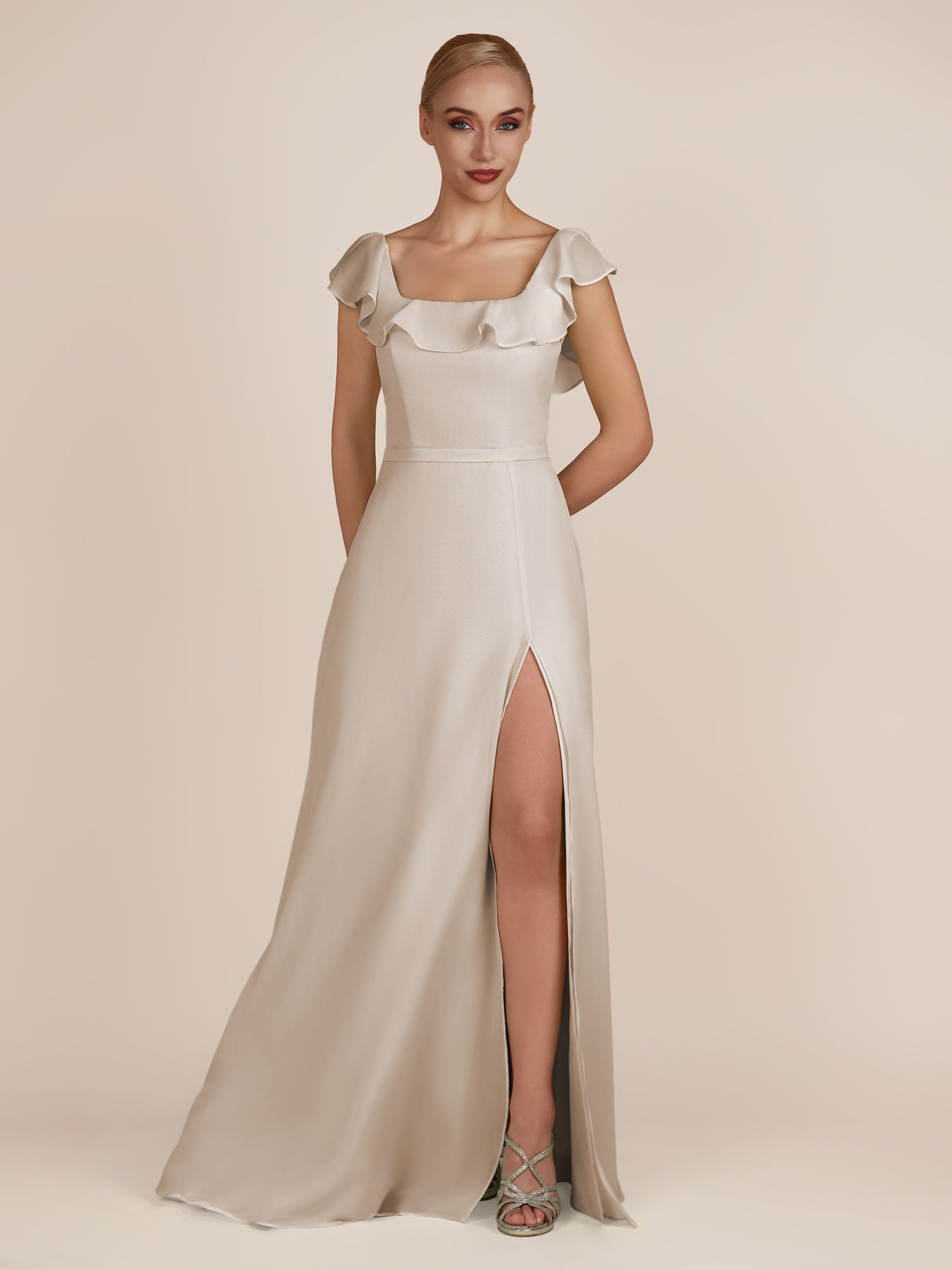 KissDress-Evania Frost Sheath Chiffon Square Neck Ruffles Long Bridesmaid Dress with Slit