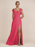 KissDress-Evania Fuchsia Sheath Chiffon Square Neck Ruffles Long Bridesmaid Dress with Slit