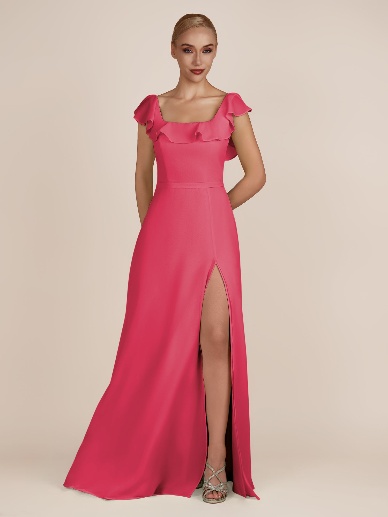 KissDress-Evania Fuchsia Sheath Chiffon Square Neck Ruffles Long Bridesmaid Dress with Slit