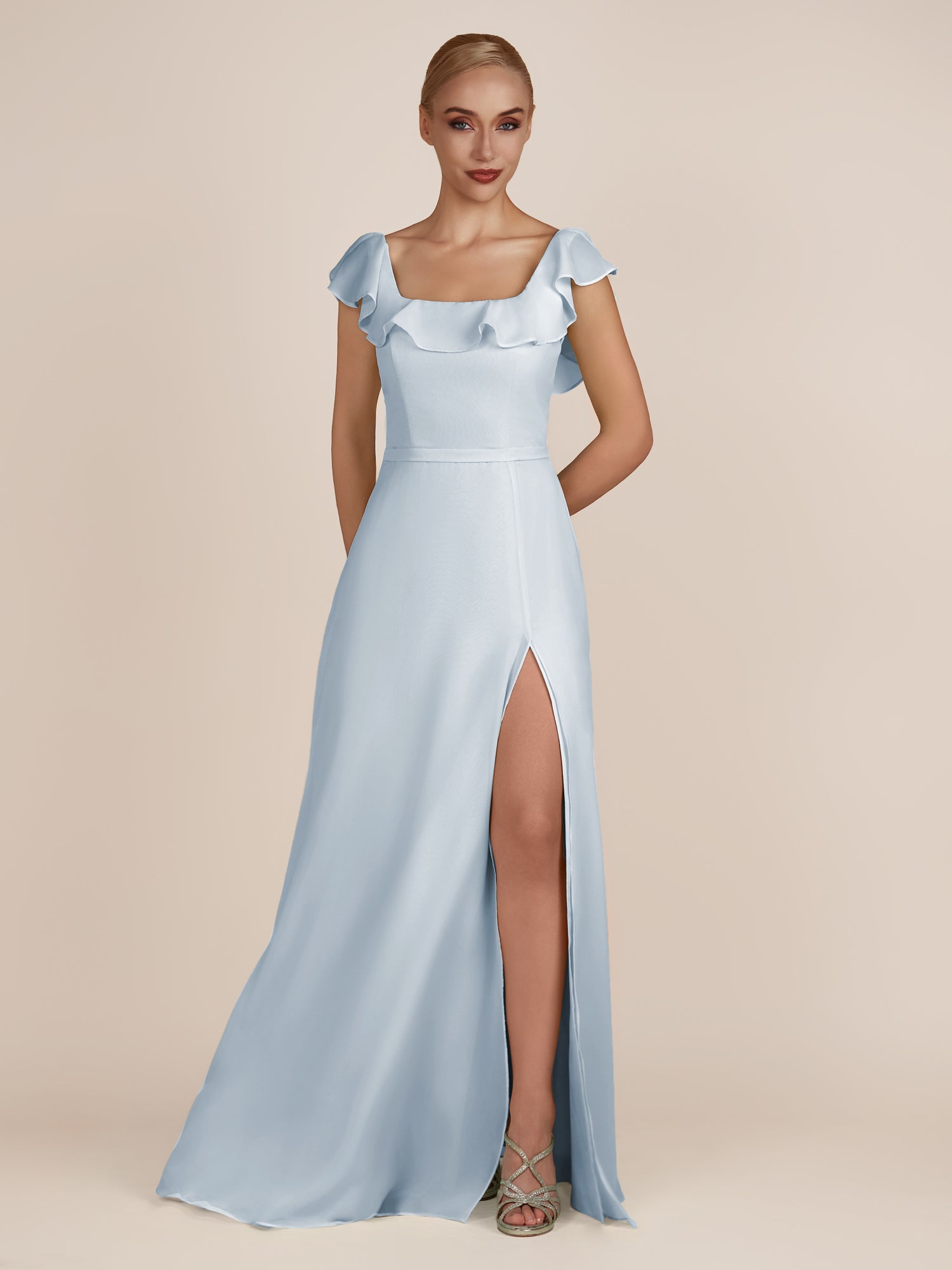 KissDress-Evania Ice Sheath Chiffon Square Neck Ruffles Long Bridesmaid Dress with Slit