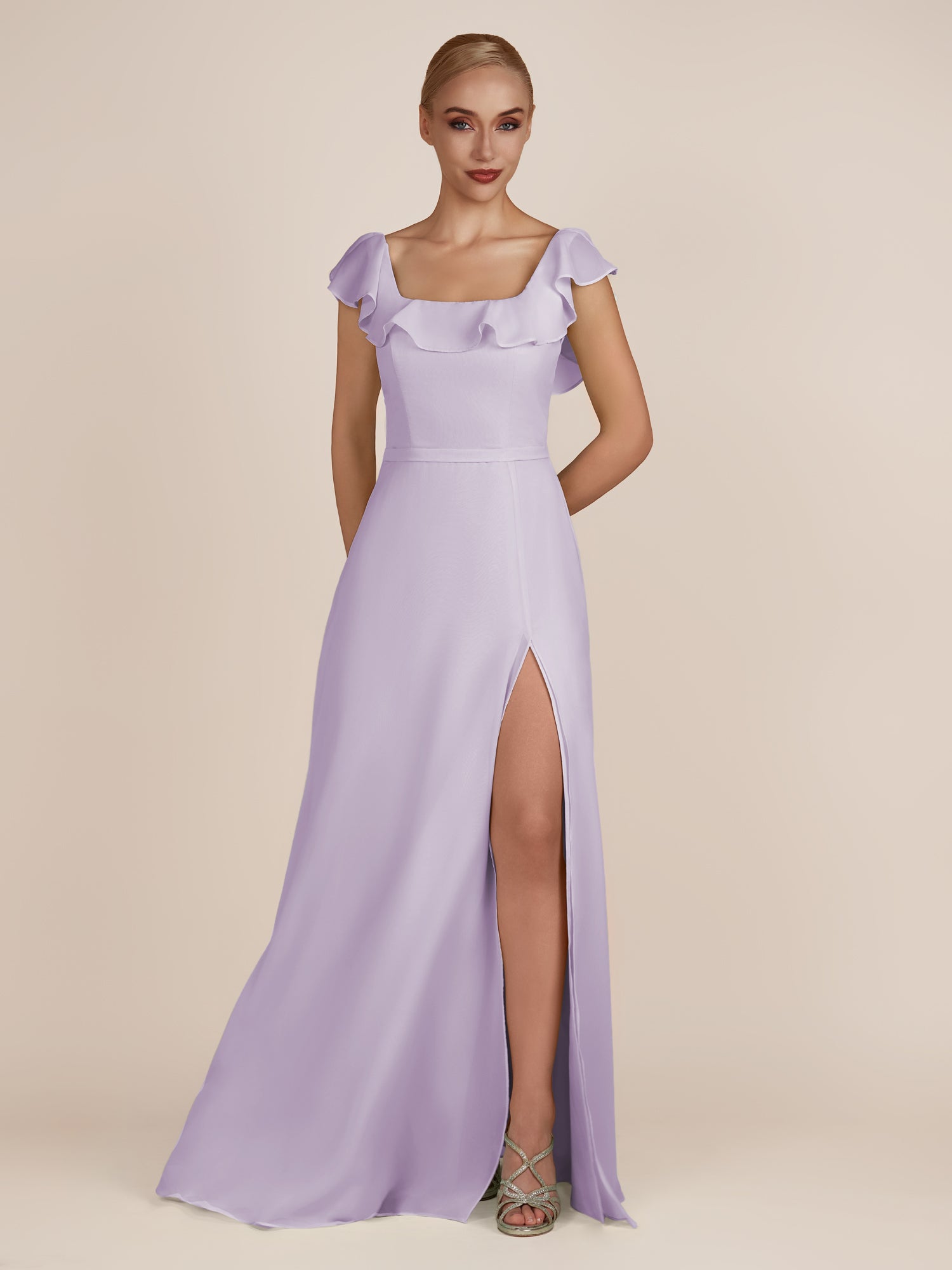 KissDress-Evania Lavender Sheath Chiffon Square Neck Ruffles Long Bridesmaid Dress with Slit