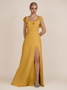 KissDress-Evania Marigold Sheath Chiffon Square Neck Ruffles Long Bridesmaid Dress with Slit