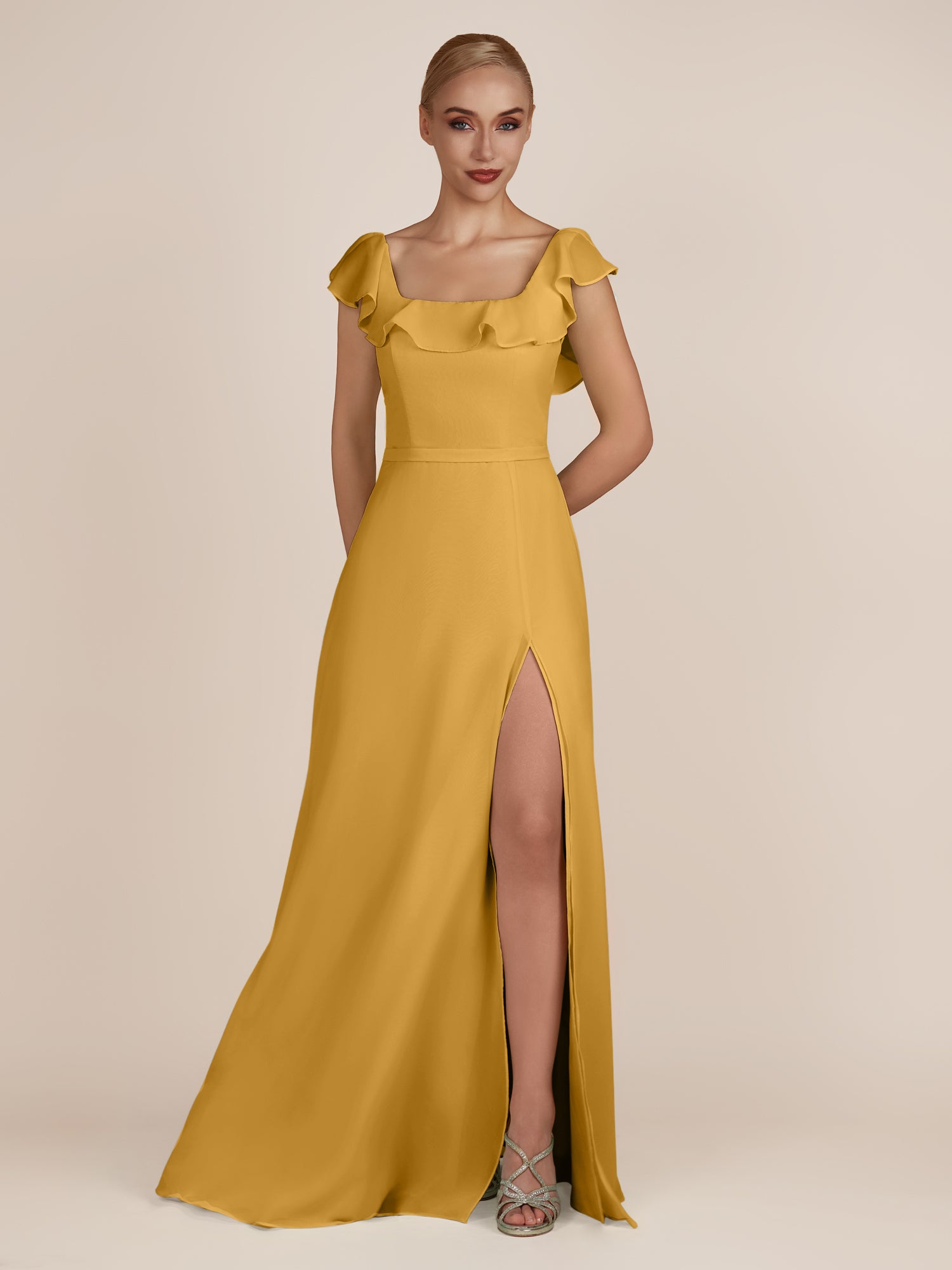 KissDress-Evania Marigold Sheath Chiffon Square Neck Ruffles Long Bridesmaid Dress with Slit