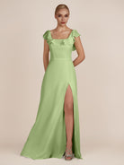 KissDress-Evania Matcha Sheath Chiffon Square Neck Ruffles Long Bridesmaid Dress with Slit