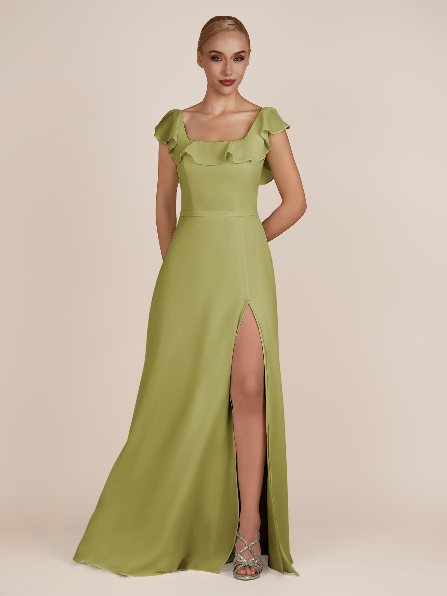 KissDress-Evania Moss Green Sheath Chiffon Square Neck Ruffles Long Bridesmaid Dress with Slit