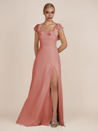 KissDress-Evania Mulberry Sheath Chiffon Square Neck Ruffles Long Bridesmaid Dress with Slit