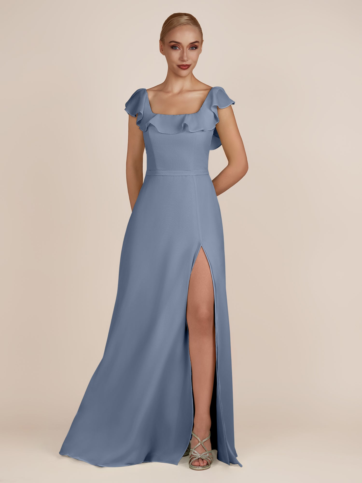 KissDress-Evania Neptune Sheath Chiffon Square Neck Ruffles Long Bridesmaid Dress with Slit