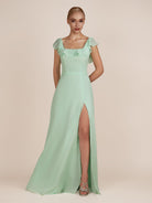 KissDress-Evania Pale Pistachio Sheath Chiffon Square Neck Ruffles Long Bridesmaid Dress with Slit