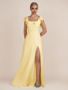 KissDress-Evania Pastel Yellow Sheath Chiffon Square Neck Ruffles Long Bridesmaid Dress with Slit