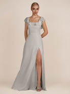 KissDress-Evania Silver Sheath Chiffon Square Neck Ruffles Long Bridesmaid Dress with Slit