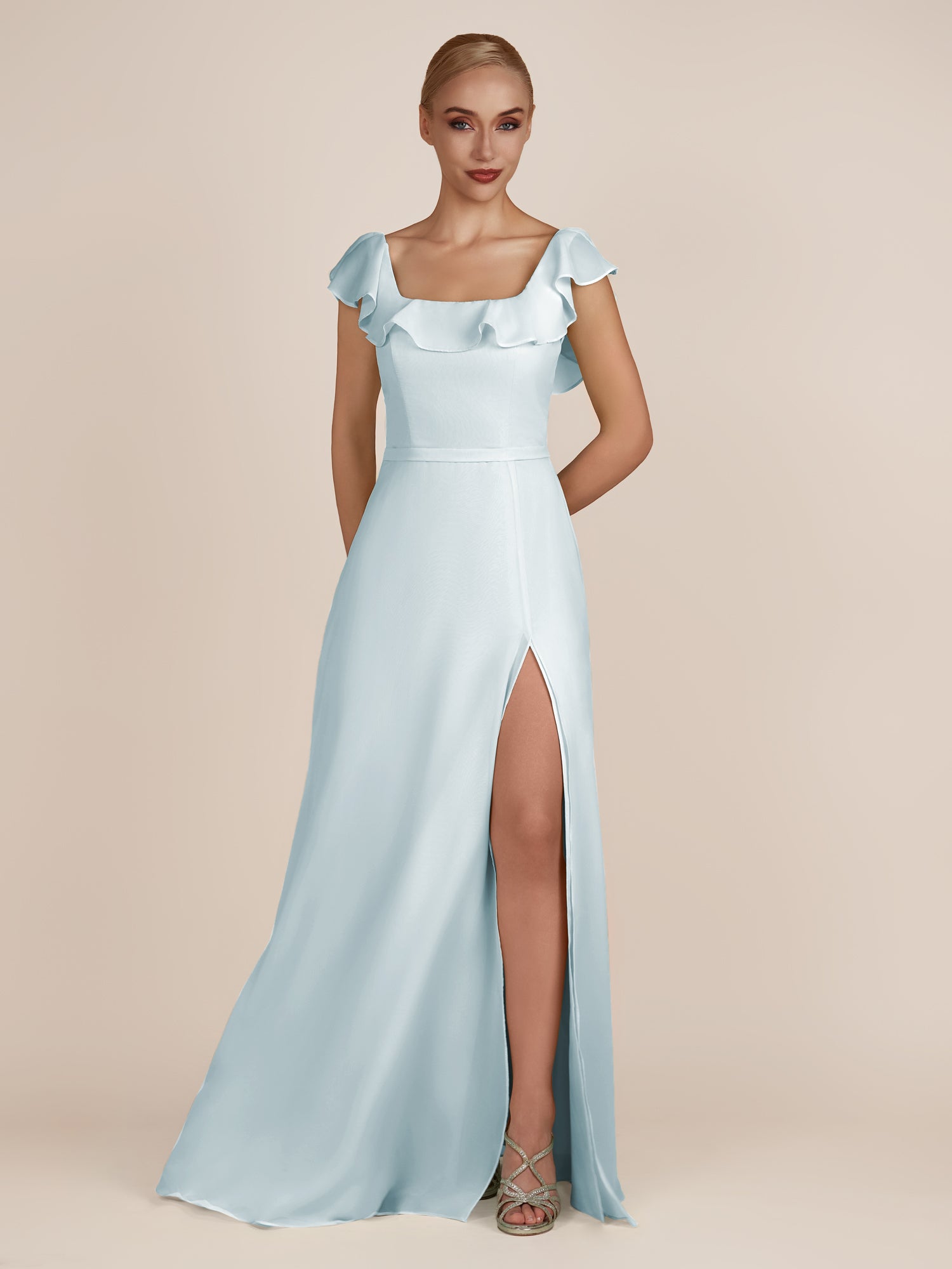 KissDress-Evania Sky Blue Sheath Chiffon Square Neck Ruffles Long Bridesmaid Dress with Slit