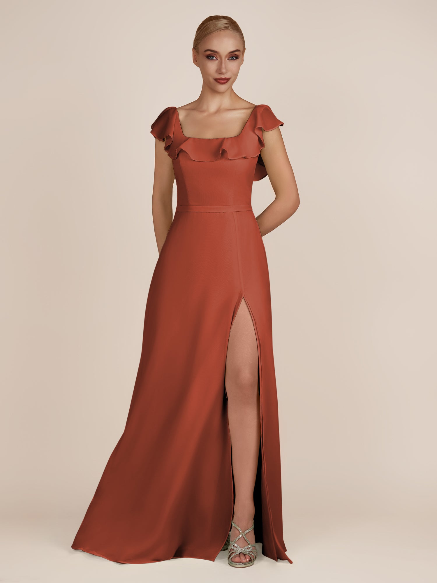 KissDress-Evania Spice Sheath Chiffon Square Neck Ruffles Long Bridesmaid Dress with Slit