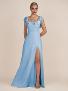 KissDress-Evania Steel Blue Sheath Chiffon Square Neck Ruffles Long Bridesmaid Dress with Slit