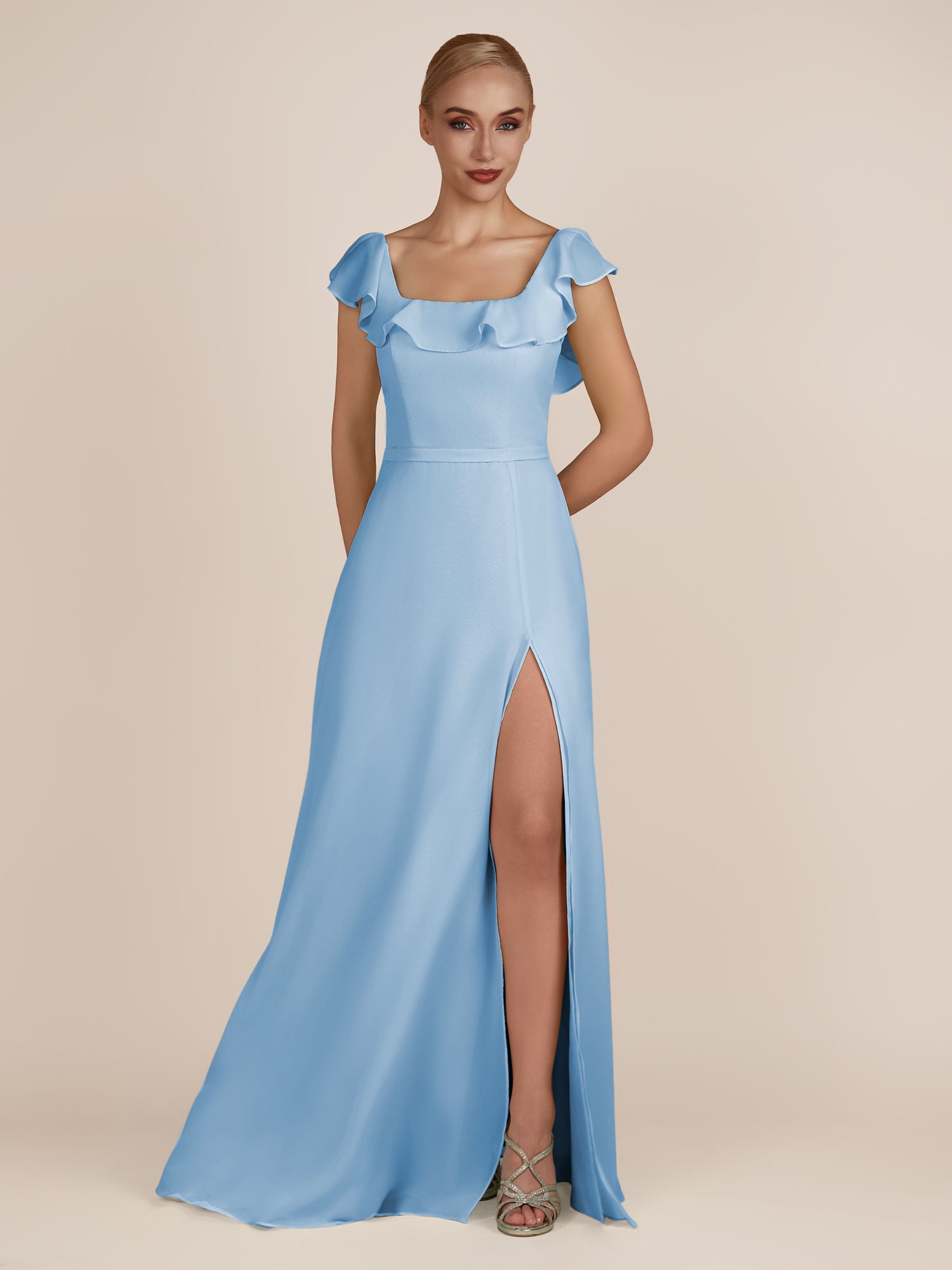 KissDress-Evania Steel Blue Sheath Chiffon Square Neck Ruffles Long Bridesmaid Dress with Slit