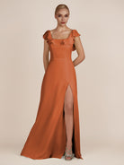 KissDress-Evania Terracotta Sheath Chiffon Square Neck Ruffles Long Bridesmaid Dress with Slit