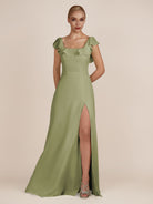 KissDress-Evania Thyme Sheath Chiffon Square Neck Ruffles Long Bridesmaid Dress with Slit