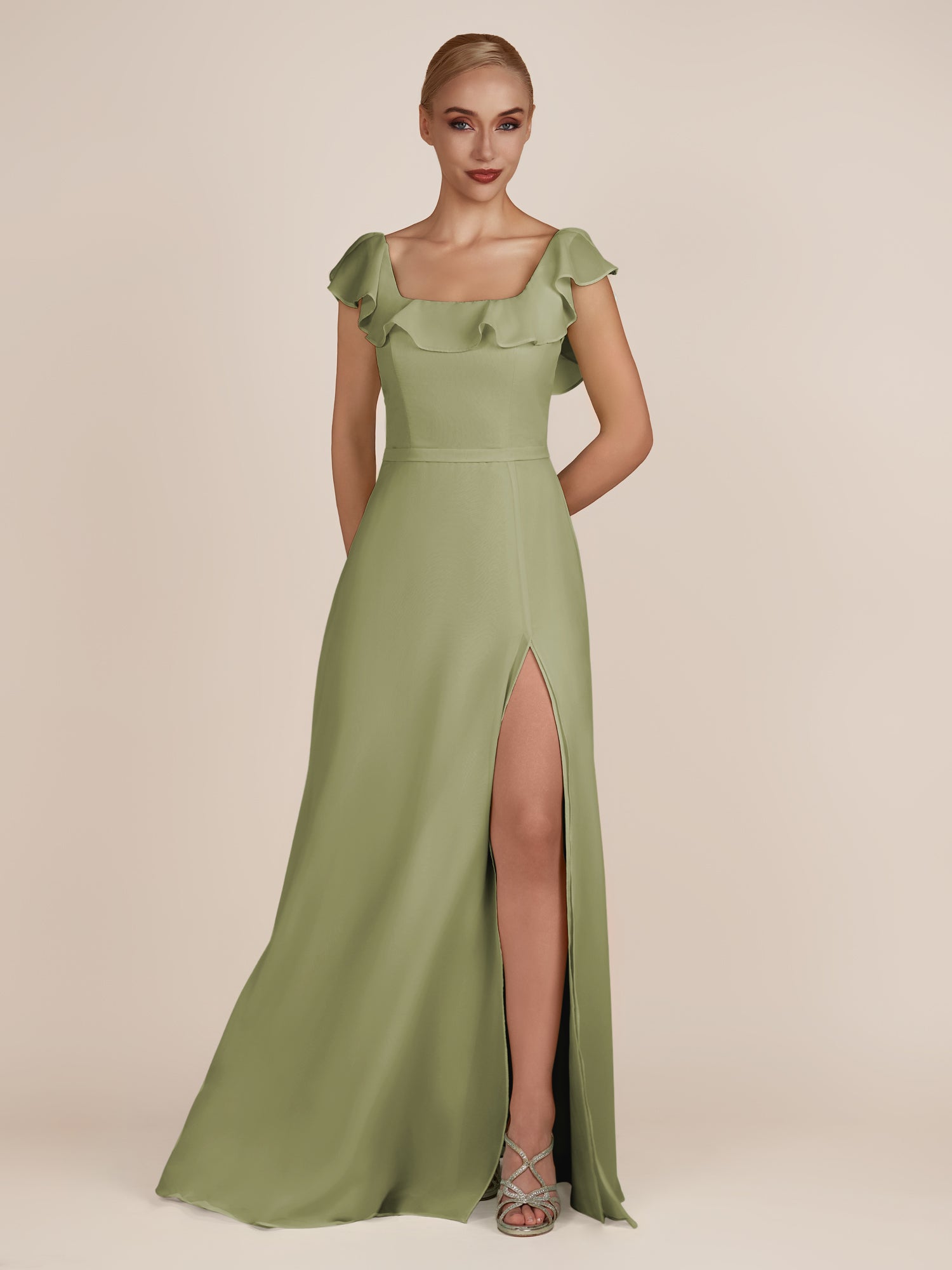 KissDress-Evania Thyme Sheath Chiffon Square Neck Ruffles Long Bridesmaid Dress with Slit