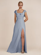 KissDress-Evania Twilight Sheath Chiffon Square Neck Ruffles Long Bridesmaid Dress with Slit