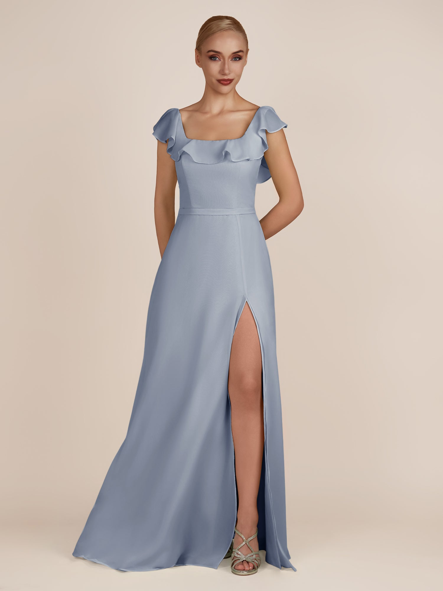 KissDress-Evania Twilight Sheath Chiffon Square Neck Ruffles Long Bridesmaid Dress with Slit