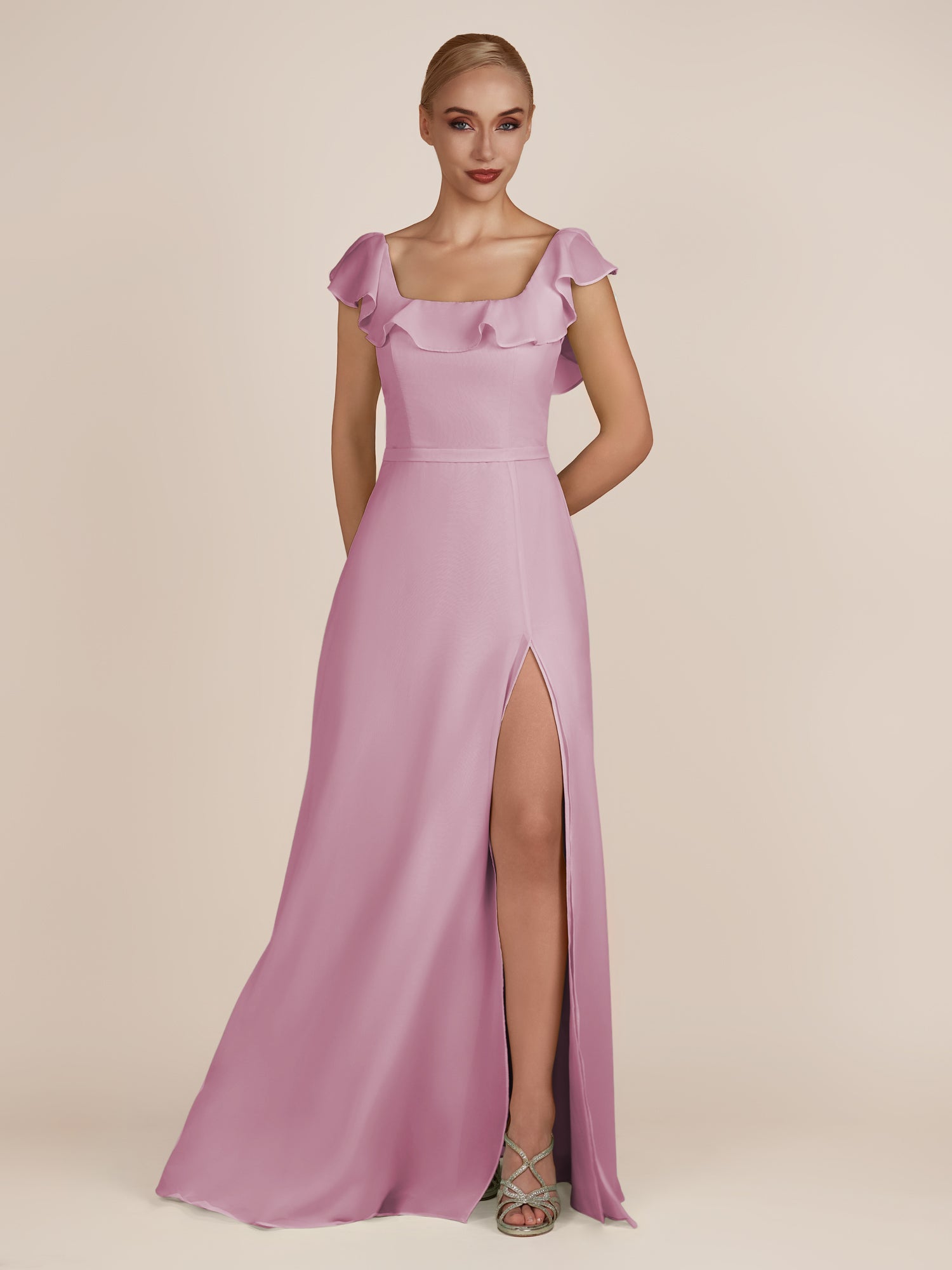 KissDress-Evania Vintage Mauve Sheath Chiffon Square Neck Ruffles Long Bridesmaid Dress with Slit