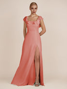 KissDress-Evania Wild Rose Sheath Chiffon Square Neck Ruffles Long Bridesmaid Dress with Slit