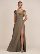 KissDress-Evania Willow Green Sheath Chiffon Square Neck Ruffles Long Bridesmaid Dress with Slit