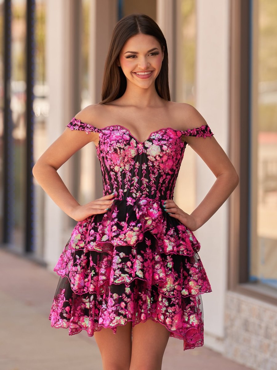 Everly | A - Line Sweetheart Tiered Black Pink Short Homecoming Dress - KissProm