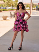Everly | A - Line Sweetheart Tiered Black Pink Short Homecoming Dress - KissProm