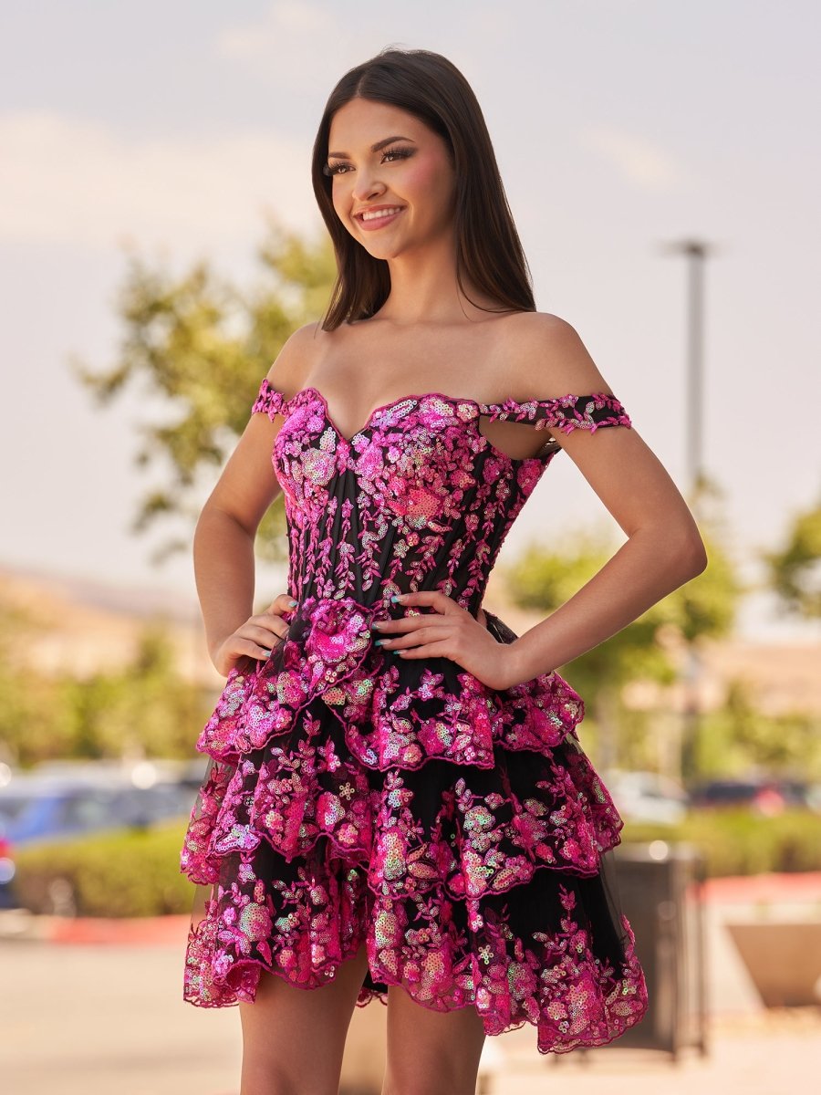 Everly | A - Line Sweetheart Tiered Black Pink Short Homecoming Dress - KissProm