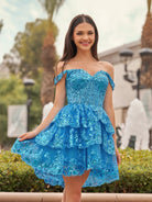 Everly | Peacock - A - Line Sweetheart Tiered Short Homecoming Dress - KissProm
