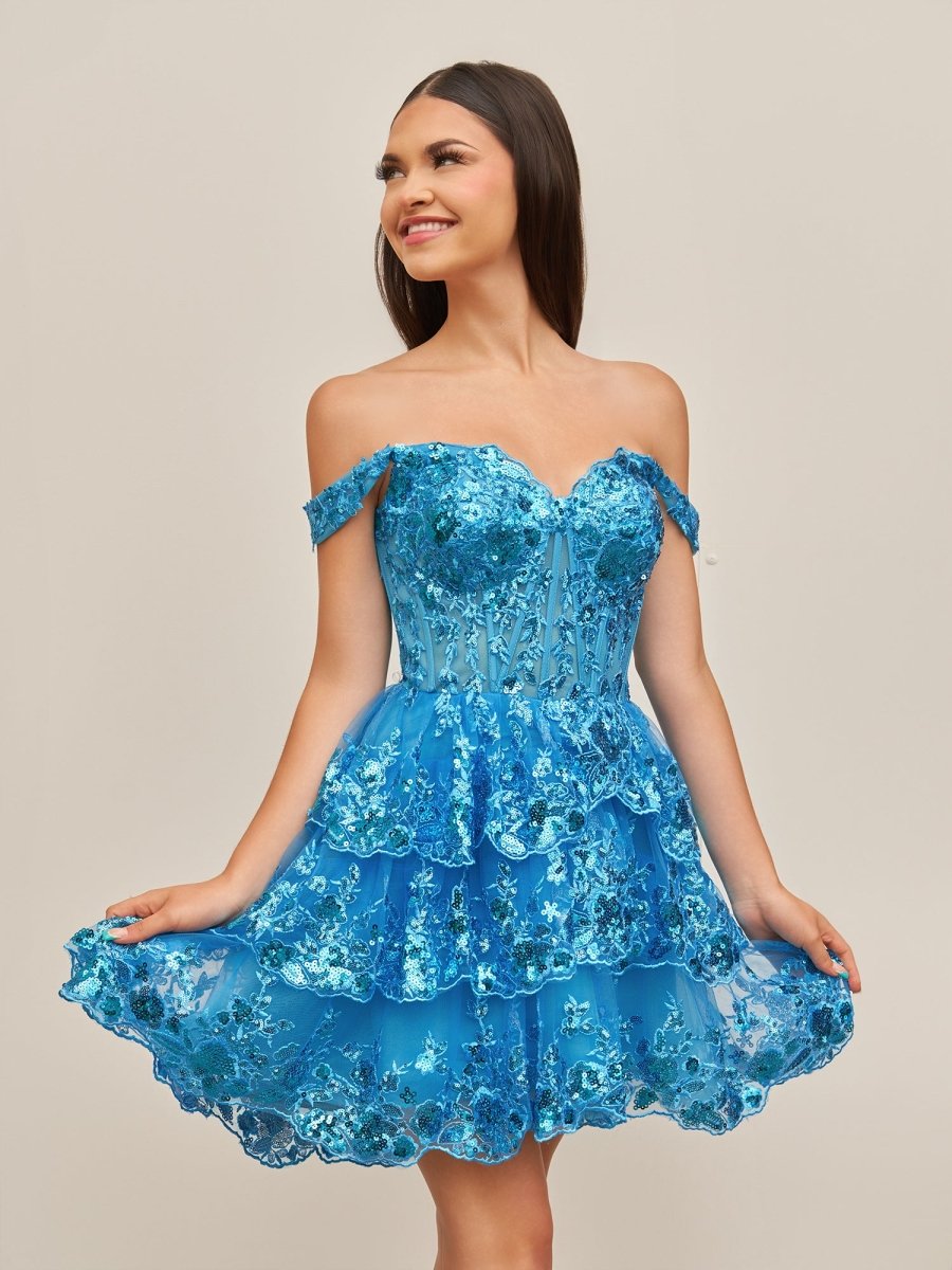Everly | Peacock - A - Line Sweetheart Tiered Short Homecoming Dress - KissProm