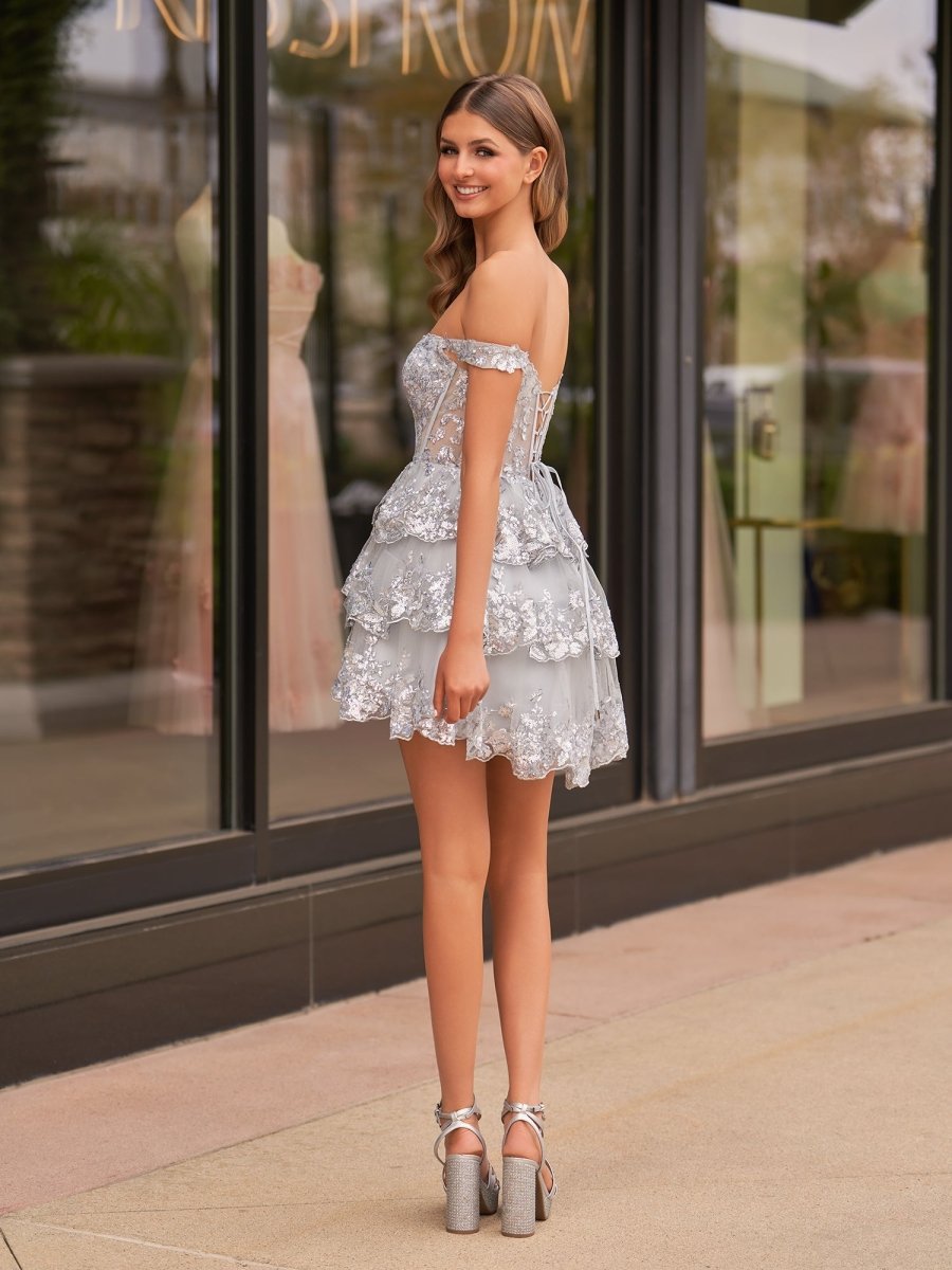 Everly | A - Line Sweetheart Tiered Silver Short Homecoming Dress - KissProm