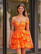 Everly | A - Line Sweetheart Tiered Orange Short Homecoming Dress - KissProm